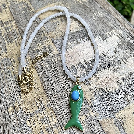 COLAR PEDRA JADE PEIXE VINTAGE