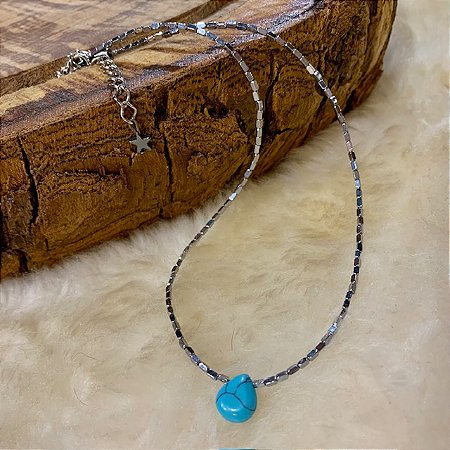 COLAR HEMATITA GOTA TURQUESA