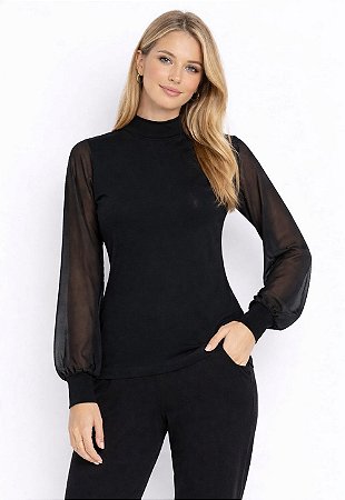 Blusa Maria Paes Manga Longa Tule Preto