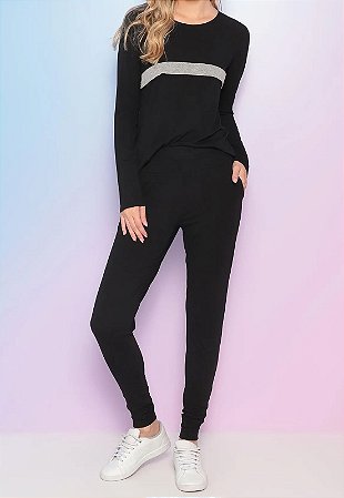 Conjunto Maria Paes Calça e Blusa Manga Longa Preto e Mescla