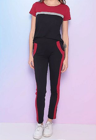 Conjunto Maria Paes Calça e Blusa Preto, Vermelho e Mescla