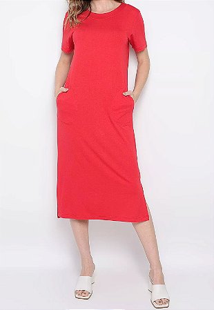 Vestido Maria Paes Midi de Manga Vermelho