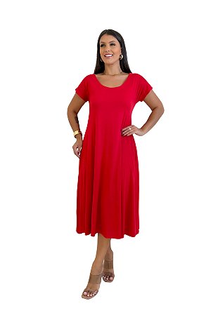 Vestido Maria Paes Midi Manga Curta Vermelho