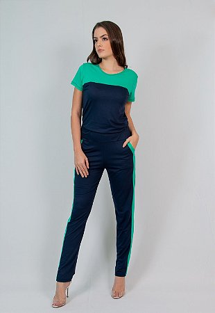 Conjunto Calça e Blusa Maria Paes  Azul Marinho e Verde