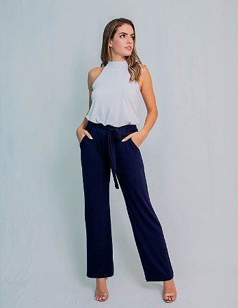 Calça Pantalona Maria Paes com Bolso e Cinto Azul Marinho
