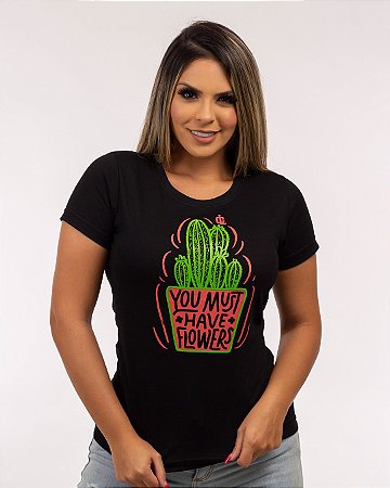 Camiseta baby look feminina preta cactos - Capa Loka