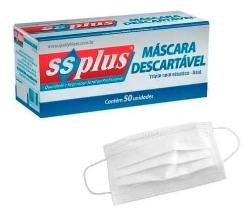 Máscara Descartável Tripla C/Elastico Branca C/50un SSplus