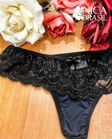 Calcinha preta fio dental duplo com renda Juliana - Nica Brasil Moda Íntima