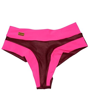 Calcinha biquíni conforto cintura alta bum bum fio duplo marsala com rosa pink neon