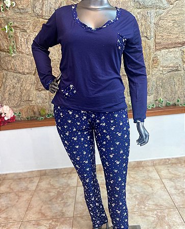 Pijama Plus Size de frio manga comprida liganete e suede azul marinho Ana Claudia