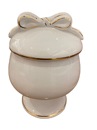 Compoteira MD c/ Pé e Laço Branco e Dourado