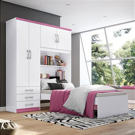 Guarda Roupa 4 Portas Com Cama e Nicho Cravo Branco/Branco/Rosa chá - Henn