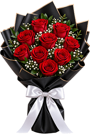 Buquê com 10 Rosas Vermelhas em Embalagem Preta