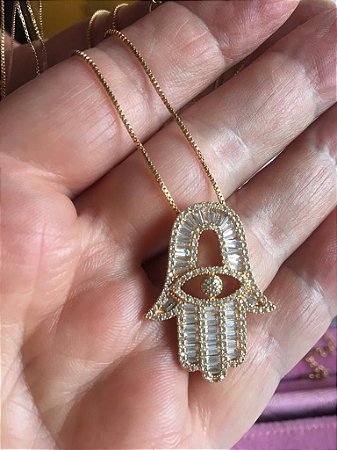 COLAR HAMSA COM NAVETES DE ZIRCÔNIA NO BANHO OURO18K