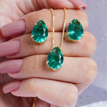 CONJUNTO GOTA TURMALINA NO BANHO OURO18K
