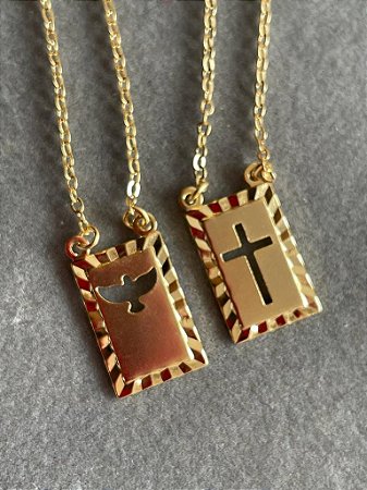 COLAR ESCAPULÁRIO  CRUZ E ESPÍRITO  SANTO NO BANHO OURO18K