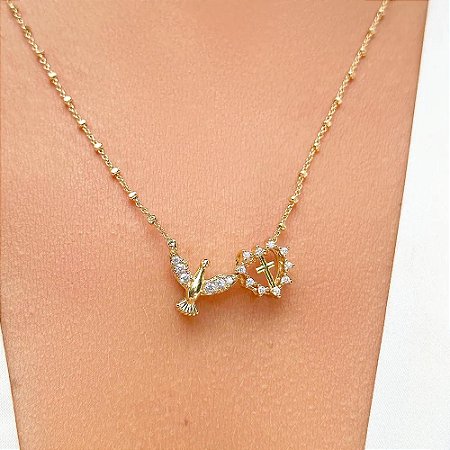 COLAR ESCAPULÁRIO ESPIRITO SANTO CORAÇÃO NO BANHO OURO18K