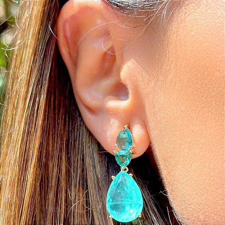 BRINCO GOTA FUSION TURMALINA COM CRISTAIS DE LONDON BLUE E PARAIBA NO BANHO OURO18K