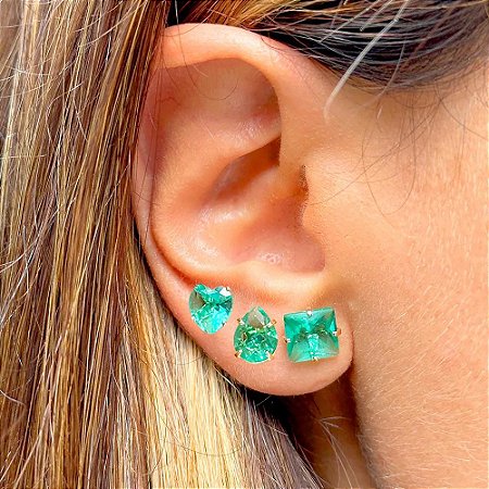 BRINCO TRIO CORAÇÃO,GOTA,QUADRADO DE CRISTAIS PARAIBA BANHO OURO18K