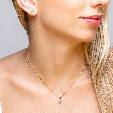 Conjunto princesa coração cristal banhado à ouro18k