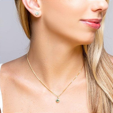 Conjunto princesa flor turmalina e cristal no banho ouro18k