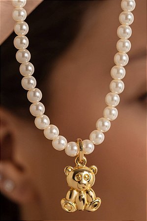 Choker mini pérolas com pingente Ursinhos no banho ouro18k