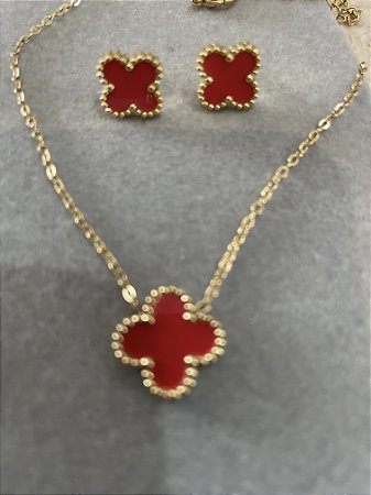 Conjunto trevo rubi inspiração joalheria Van Cleef no banho ouro18k