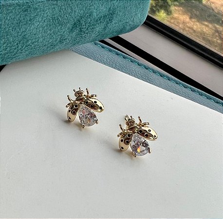 Brinco joaninha zircônia cristal no banho ouro18k
