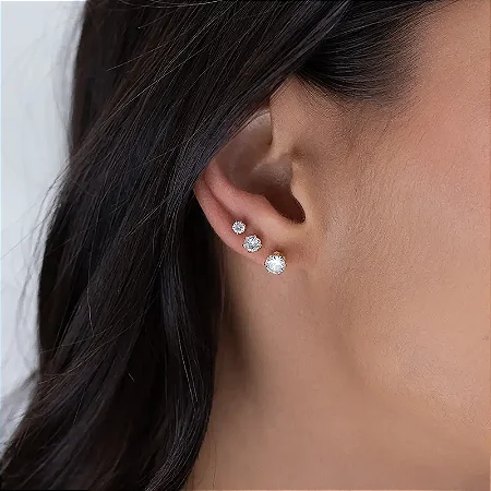 Brinco trio zircônia cristal no banho ouro18k