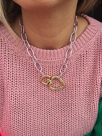 COLAR ELOS CORRENTE ROSA E CORAÇÃO DOURADO BANHO OURO 18K