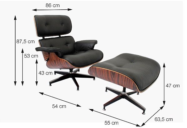 Poltrona Charles Eames Couro Eco Preto base aço estrutura Madeira multilaminada