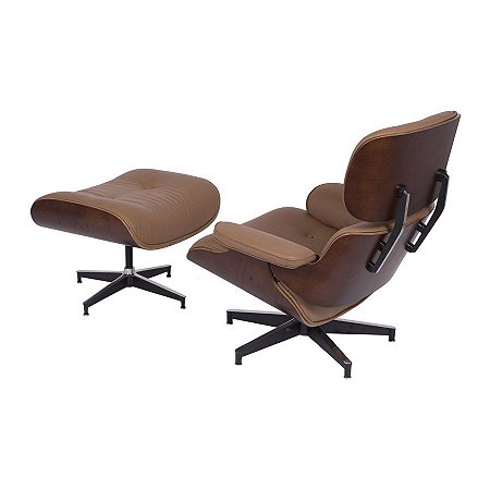Poltrona Charles Eames Couro Eco Caramelo base aço estrutura Madeira M.L