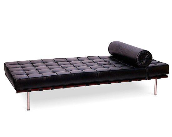 Chaise Couch Barcelona Couro Natural preto estrutura Madeira Natural   Pés aço inox