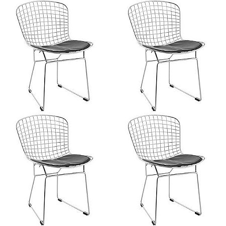 Conjunto 04 cadeiras Bertóia Linha Premium aço cromado almofada preta