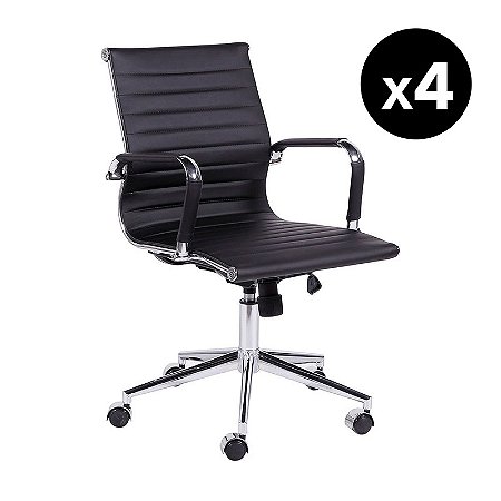 KIT PROMOCIONAL 04 CADEIRAS EXECUTIVA BAIXA ESTEIRINHA 3301 EAMES - COURO SINTÉTICO PRETO