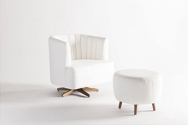 Poltrona Morgana com Puff tec Boucle Branco base madeira maciça