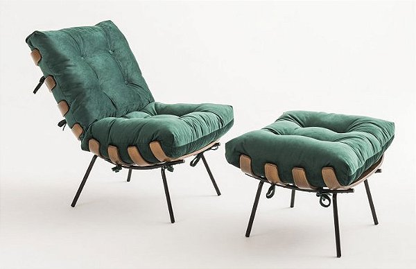Poltrona Costela com Puffe Veludo verde madeira natural