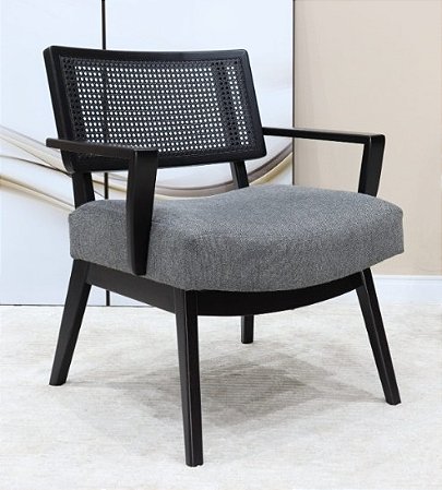 POLTRONA MADALENA MADEIRA EBANIZADA BLACK EDITION   ENCOSTO PALHINHA TECIDO CINZA
