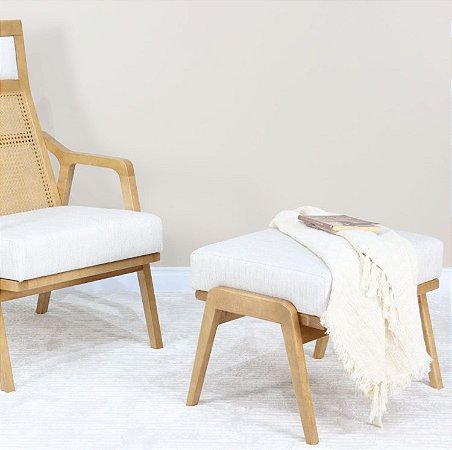 POLTRONA C/ PUFF FIDALGA  MADEIRA NATURAL TEC LINHO OFF WHITE PALHINHA-9205