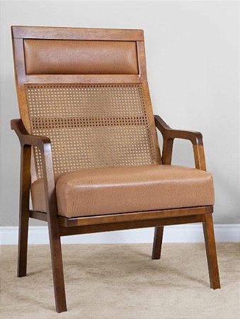 POLTRONA FIDALGA  MADEIRA PINHÃO TEC COURO ECO CARAMELO PALHINHA-9205
