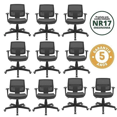 Kit 10 Cadeiras Diretor Ergonômica Giratória sistema relax Executiva Brizza NR17 Tecido  Preto