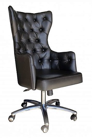 Poltrona  Presidente Imperial Couro Natural Preta Base Alumínio Polido sistema Relax Regulagem de altura
