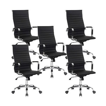 Kit 05 Cadeiras 3301 alta couríssimo preto base aço cromado