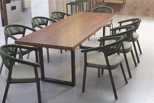 CONJUNTO MESA ITÁLIA COM 08 CADEIRAS ITÁLIA CORDA NÁUTIKA  VERDE MUSGO E ALUMINIO MARROM