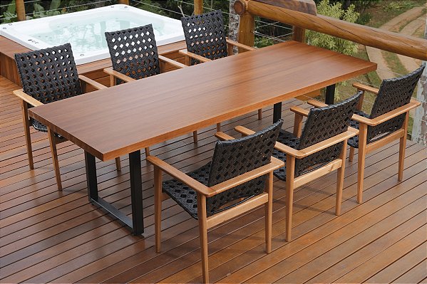 Conjunto Completo Mesa Rafaela  250 cm com 06 cadeiras Rafaela madeira corda sintética preta