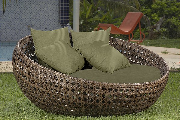 CHAISE LOTUS JUNCO SINTÉTICO MARROM ALMOFADAS VERDES 135X160