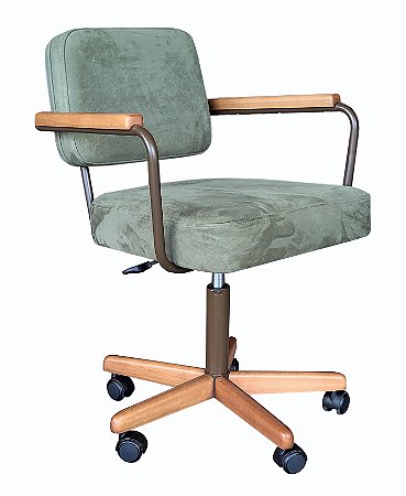 Cadeira Office Benício suede cinza base madeira freijó rodízios nylon