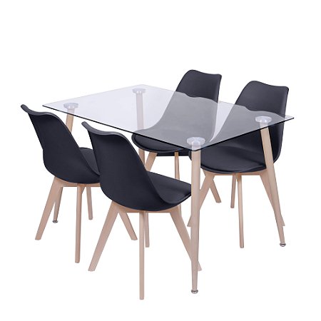 Conjunto mesa de jantar vidro 140 X 80 + 04 cadeiras Joly pretos