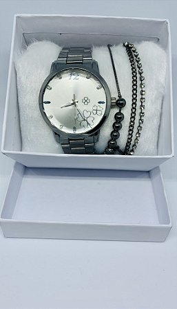 Relógio feminino prata trevo + pulseira - Lojinha da Lay