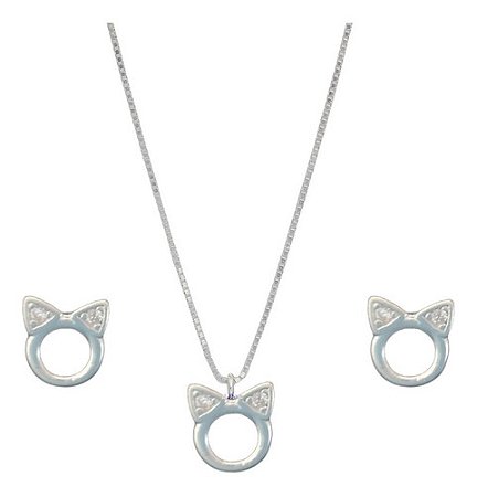Colar Gargantilha E Brinco Gatinho Gatinha Vazado Prata925